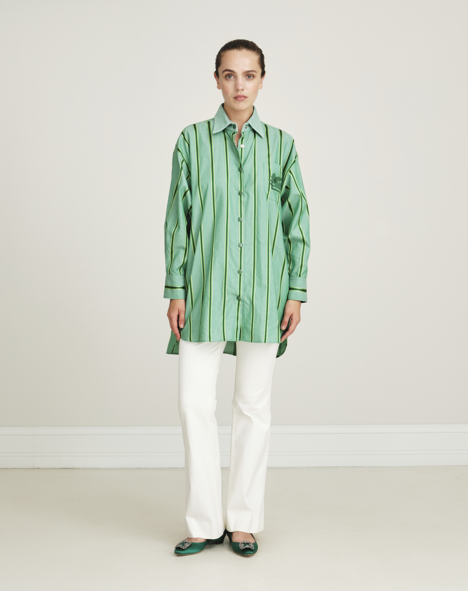 Etro - Oversized Embridered Green Striped Cotton And Silk Blend Shirt IT38